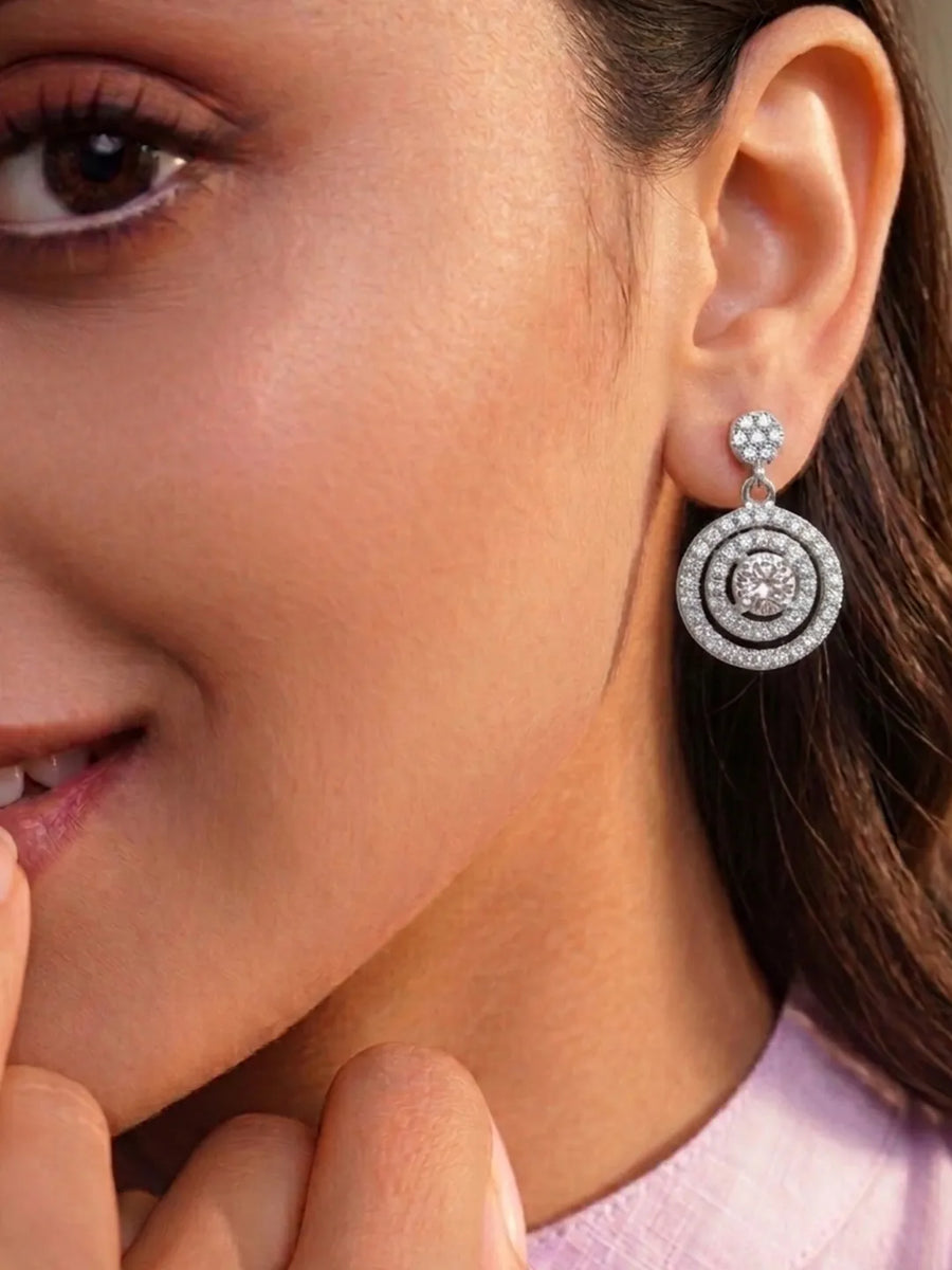 Double Ring Drop Earrings Rhodium Plated