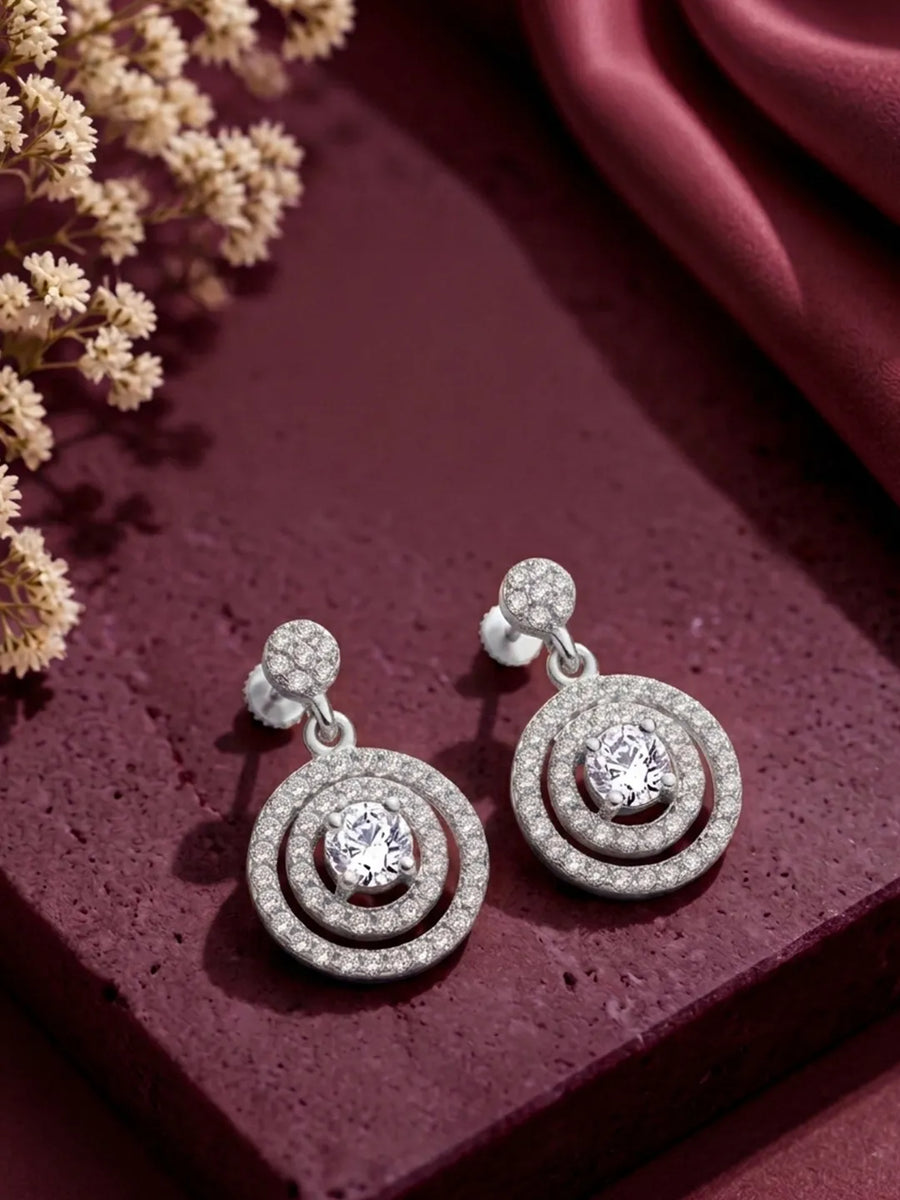 Double Ring Drop Earrings Rhodium Plated