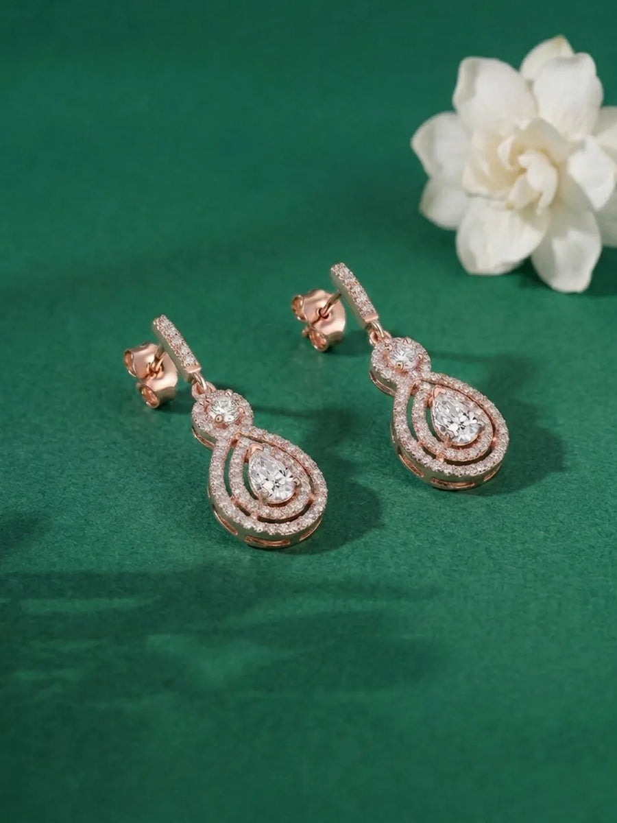 Classic Pear Halo Earrings Rose Gold Plated