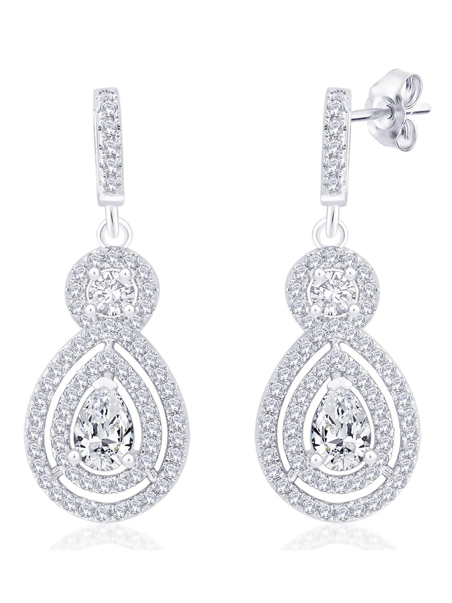 Classic Pear Halo Earrings Rhodium Plated