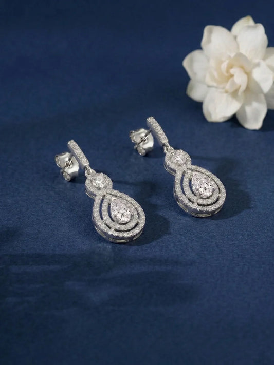 Classic Pear Halo Earrings Rhodium Plated