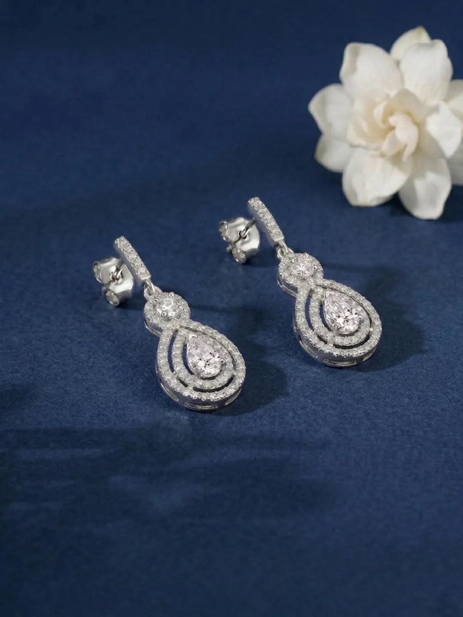 Classic Pear Halo Earrings Rhodium Plated