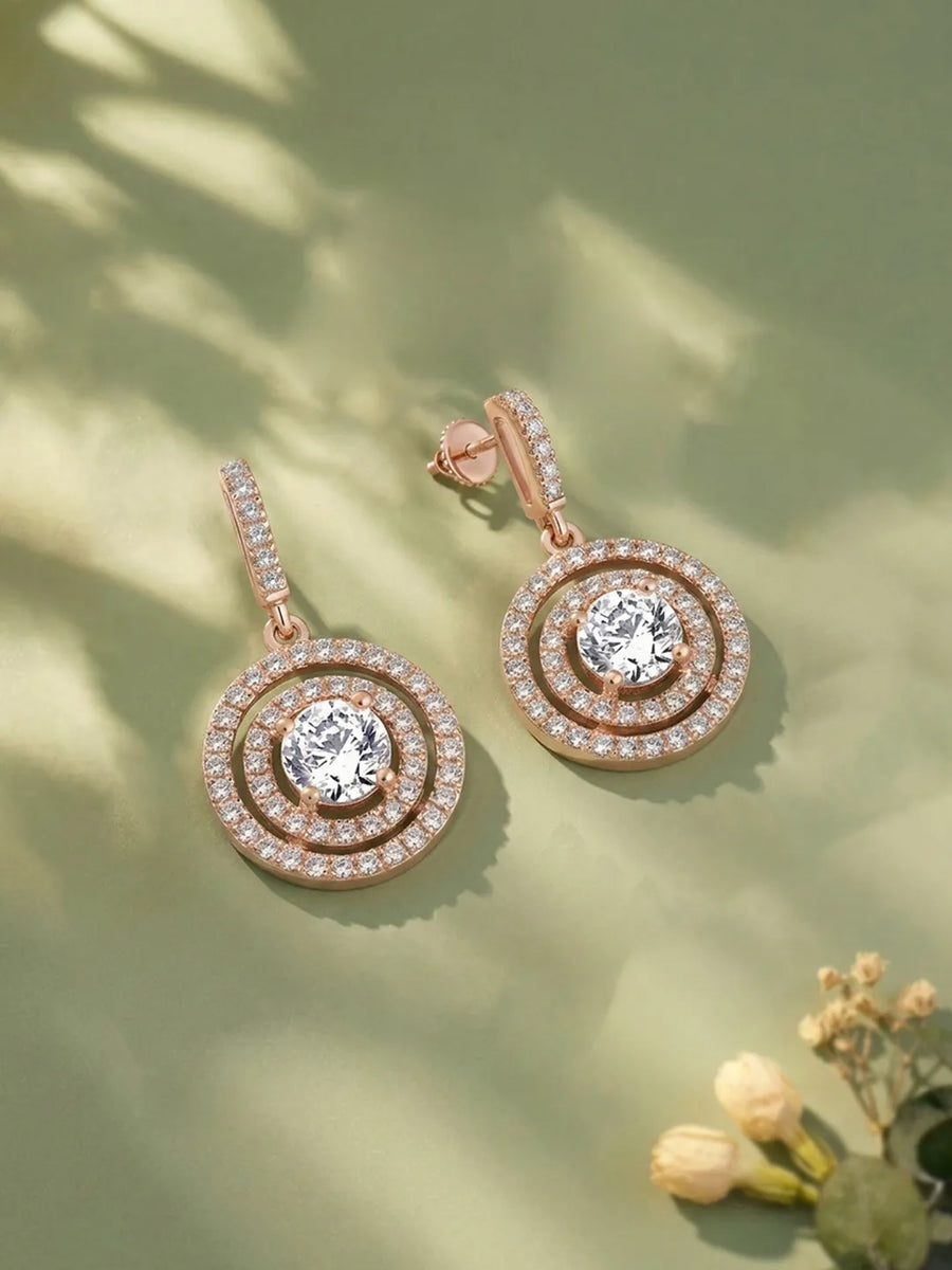 Stellar Halo Drop Earrings Rose Gold Plated