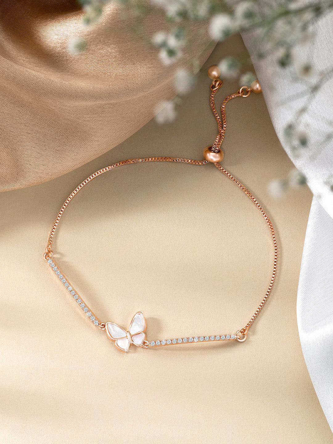 Butterfly Whispers Rose Gold Mother of Pearl Adjustable CZ Bracelet