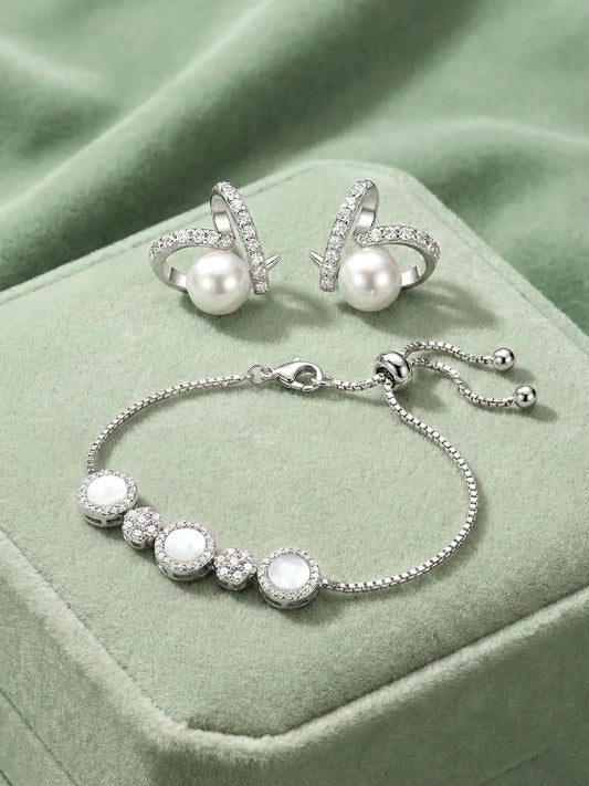 Luxury Pearl CZ Bracelet with Stud Earrings Combo