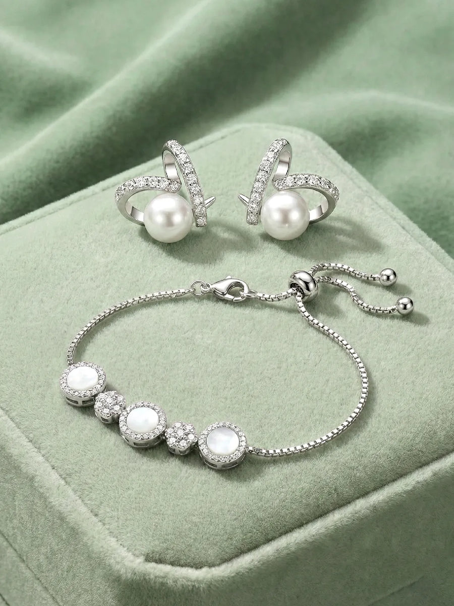 Luxury Pearl CZ Bracelet with Stud Earrings Combo
