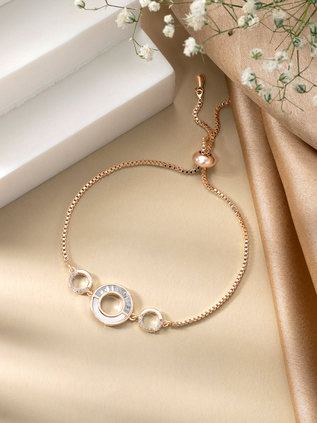 Gleaming Circles Rose Gold Plated Adjustable CZ Bracelet