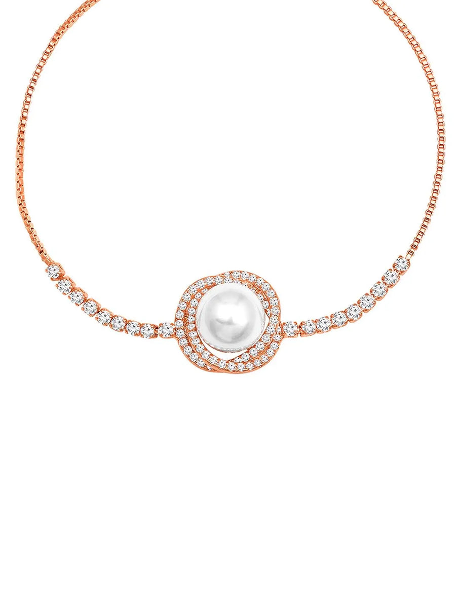 Rose Gold Pearl Accent CZ Adjustable Bracelet