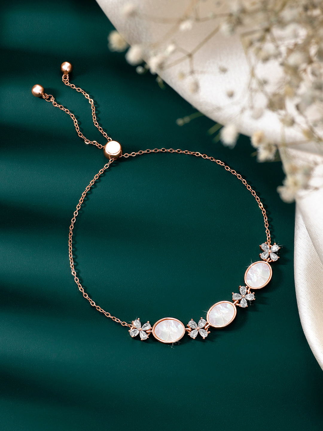 Petals of Purity Mother of Pearl Rose Gold Adjustable CZ Bracelet