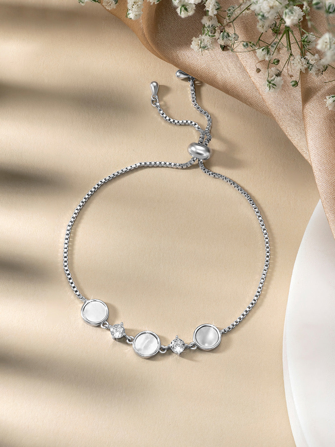 Mother of Pearl Drops CZ Silver Plated Adjustable Bracelet