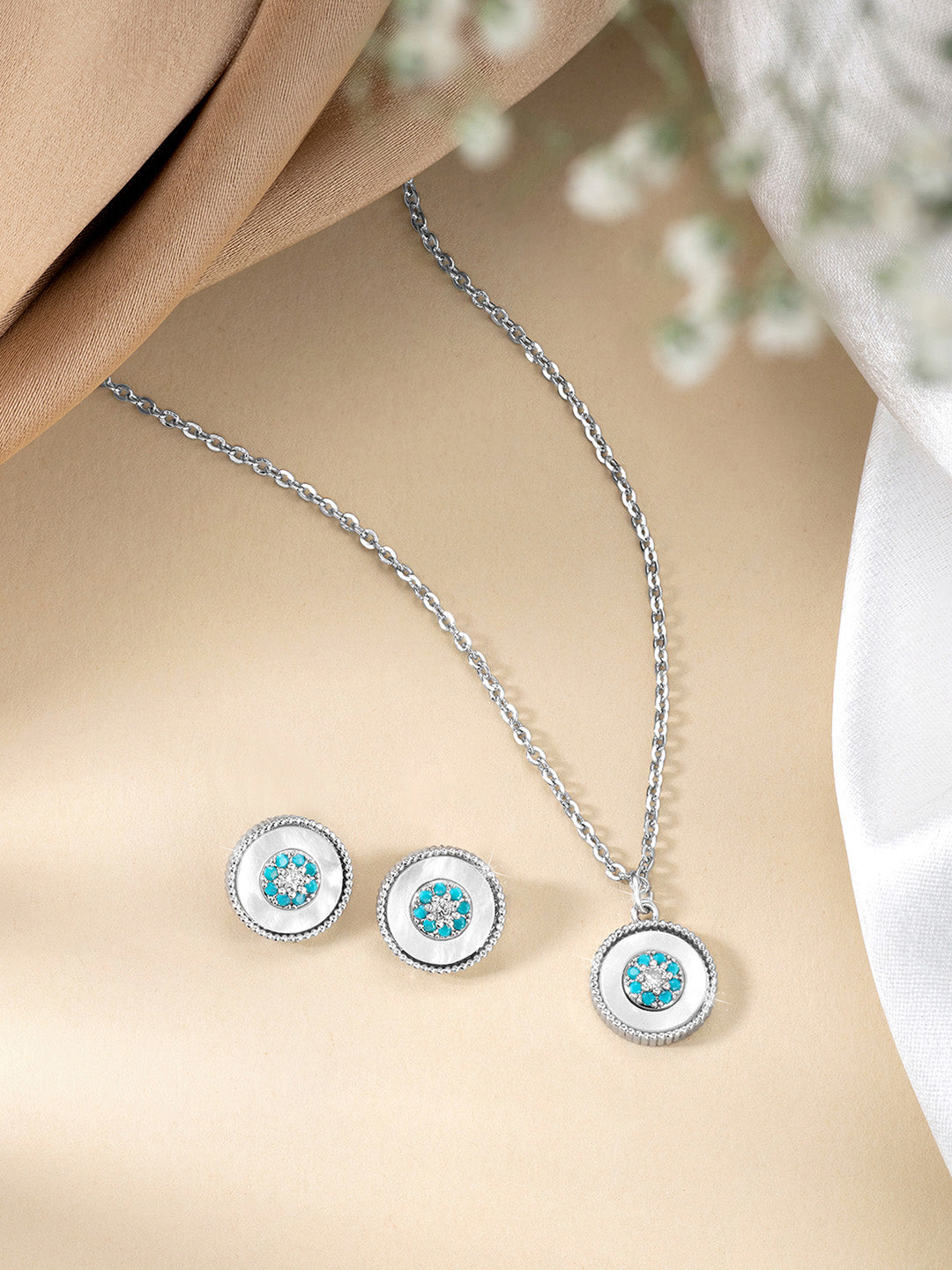 Evil Eye CZ Silver Plated Pendant Set in Mother of Pearl