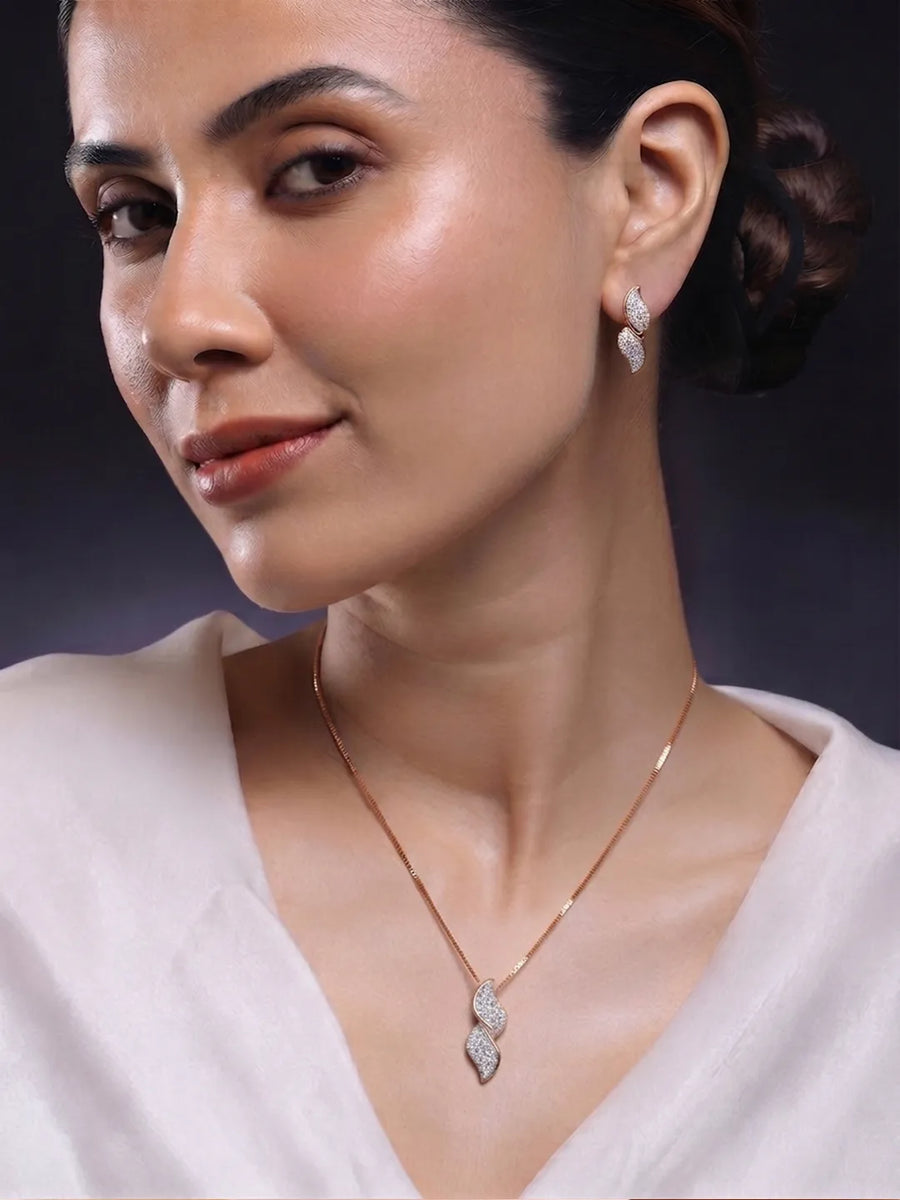 Glamour Leaf Pendant Set Rose Gold Plated