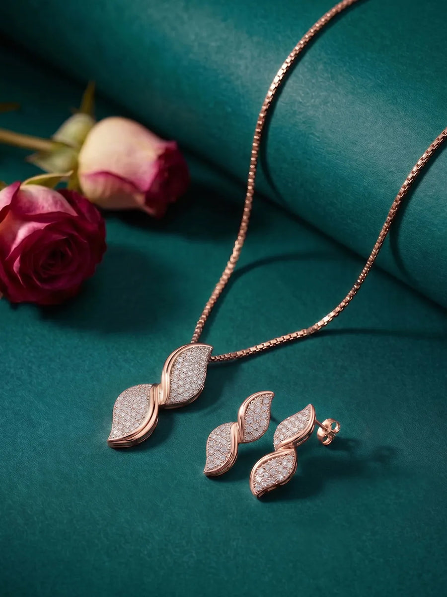 Glamour Leaf Pendant Set Rose Gold Plated