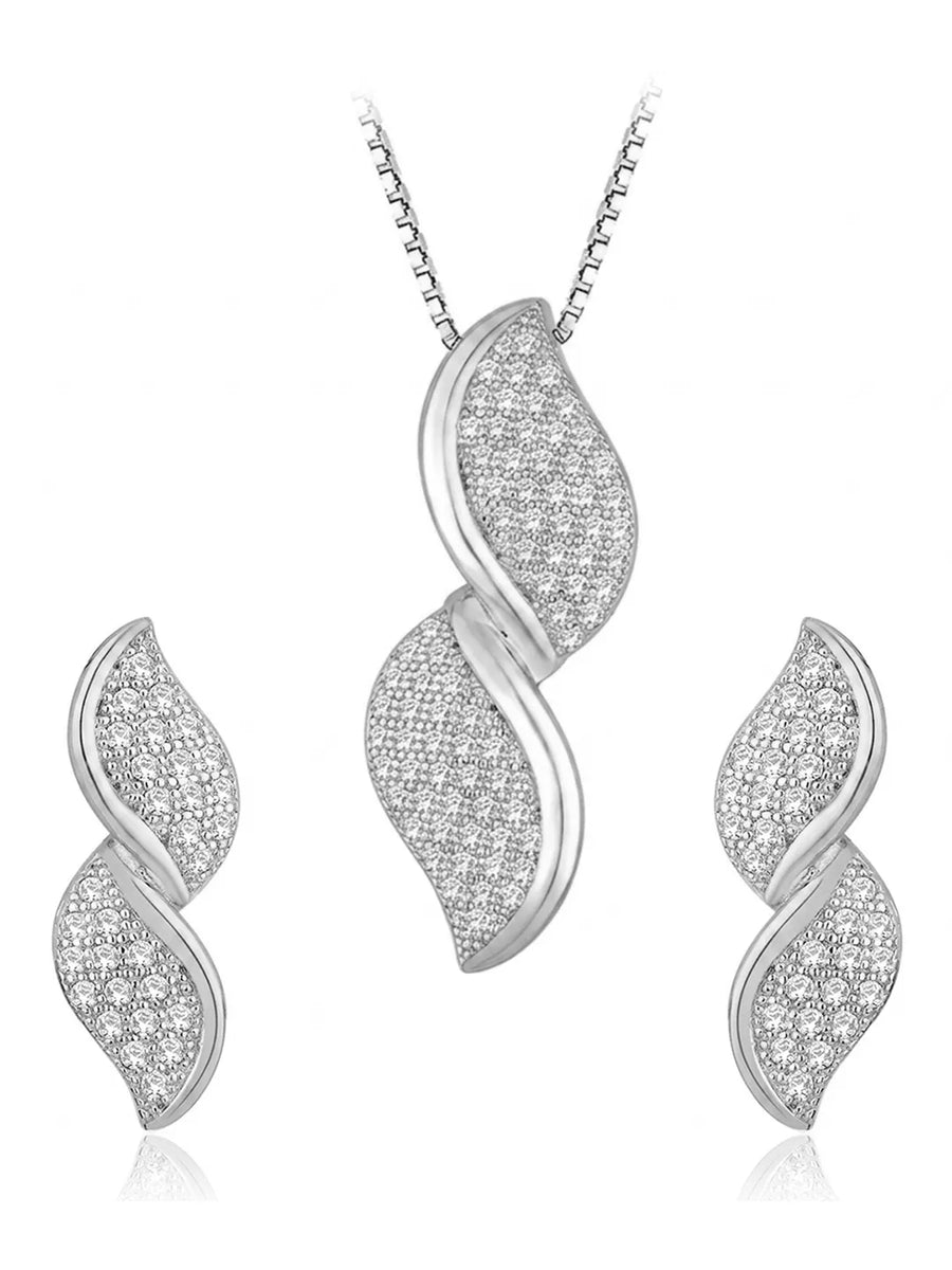 Glamour Leaf Pendant Set Rhodium Plated