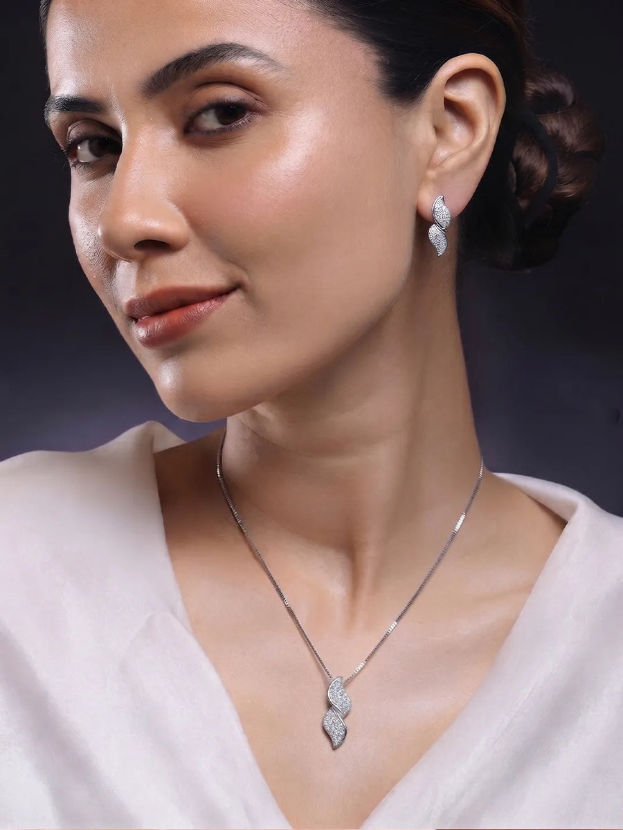 Glamour Leaf Pendant Set Rhodium Plated