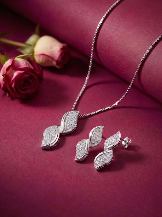 Glamour Leaf Pendant Set Rhodium Plated