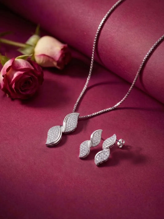 Glamour Leaf Pendant Set Rhodium Plated