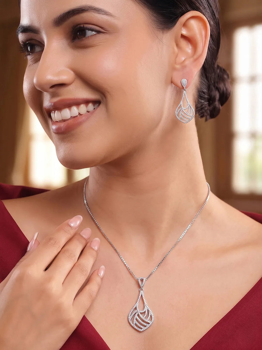 Signature Teardrop Pendant Set Rhodium Plated