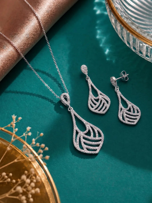 Signature Teardrop Pendant Set Rhodium Plated