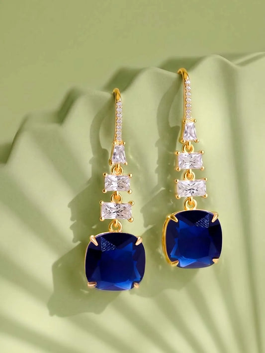 Peora Euphoria Dangle Blue Square Gold Earrings