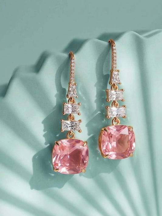 Peora Euphoria Dangle Pink Square Gold Earrings