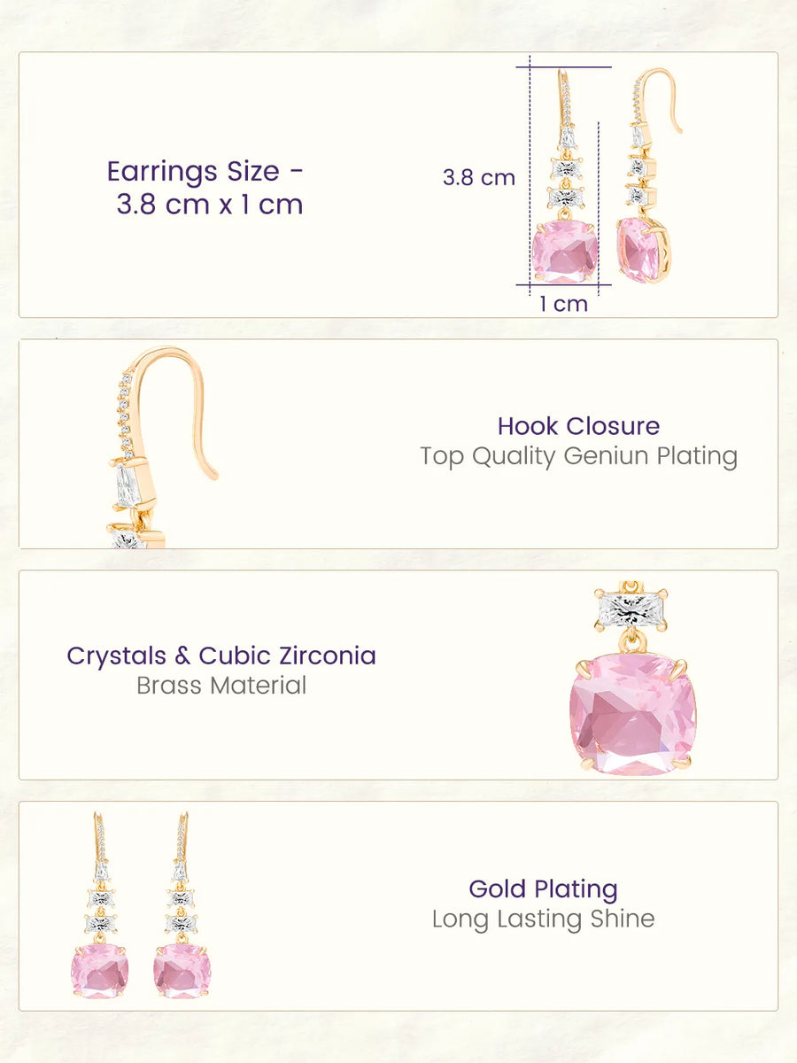 Peora Euphoria Dangle Pink Square Gold Earrings