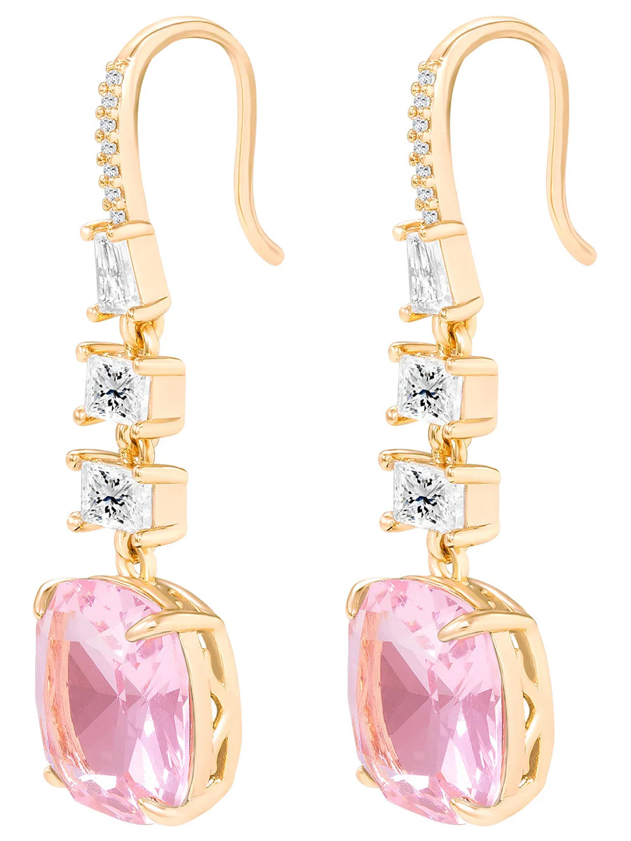 Peora Euphoria Dangle Pink Square Gold Earrings
