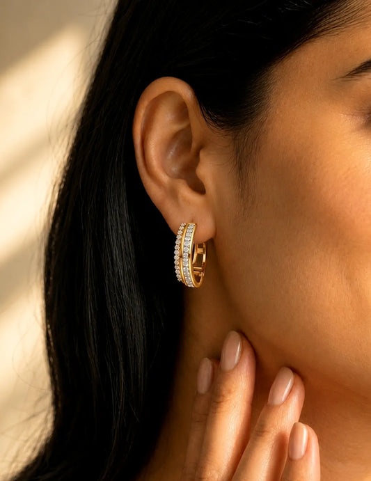 Peora Classy Dual Split Zircon Baguette Earrings