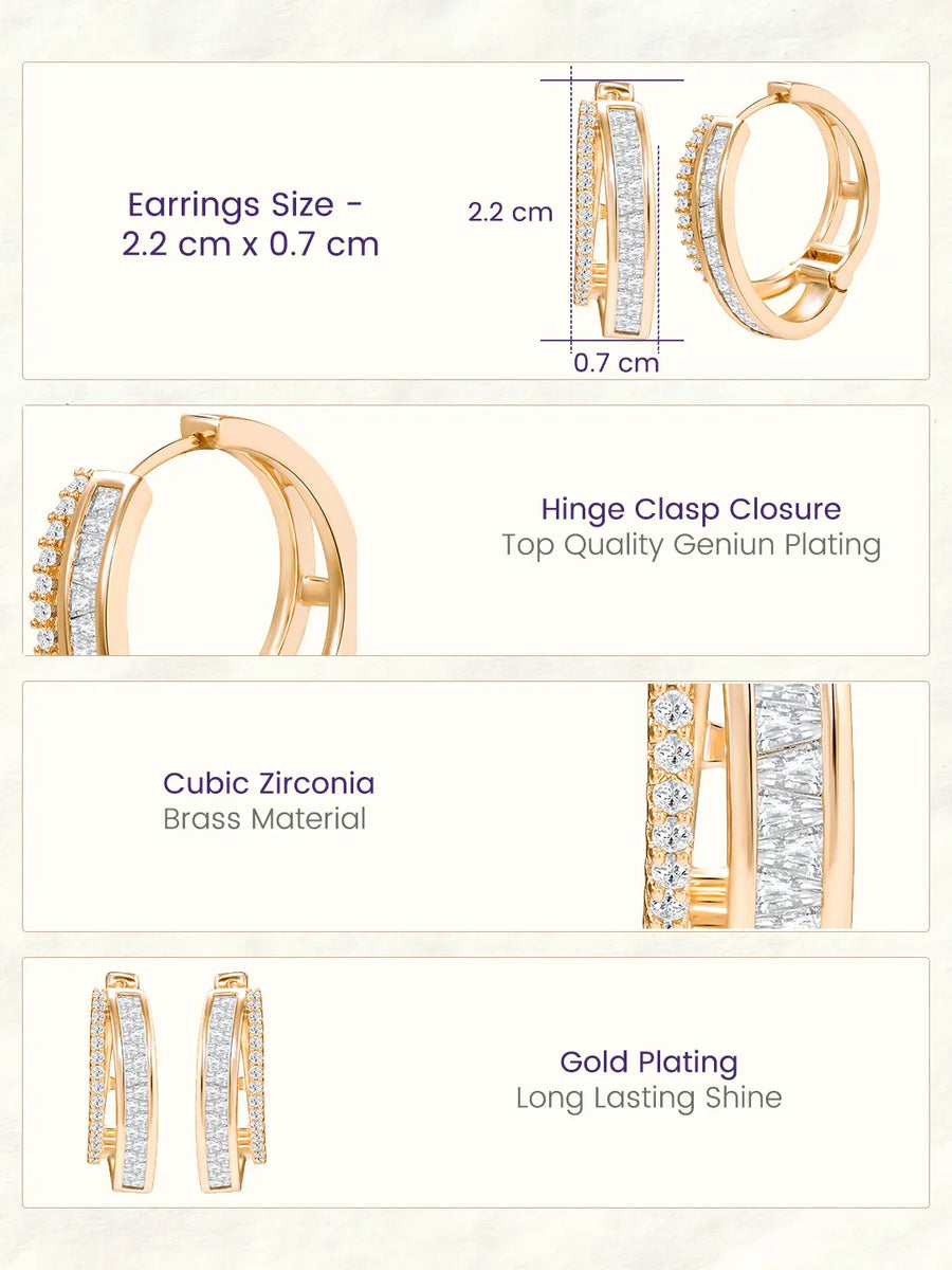 Peora Classy Dual Split Zircon Baguette Earrings