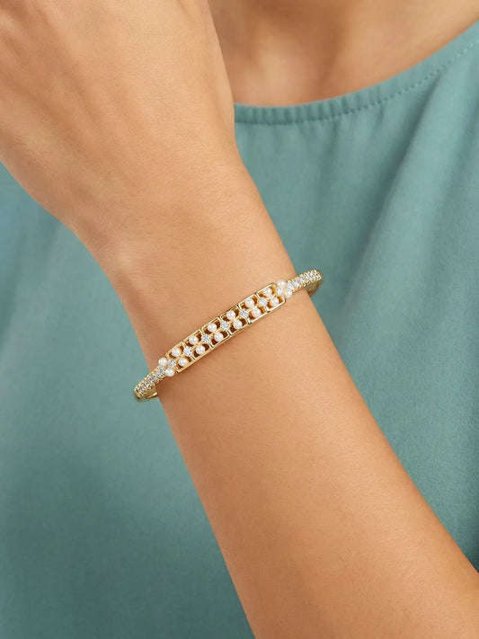 Slim CZ & Pearl Strip Gold Bangle Kada