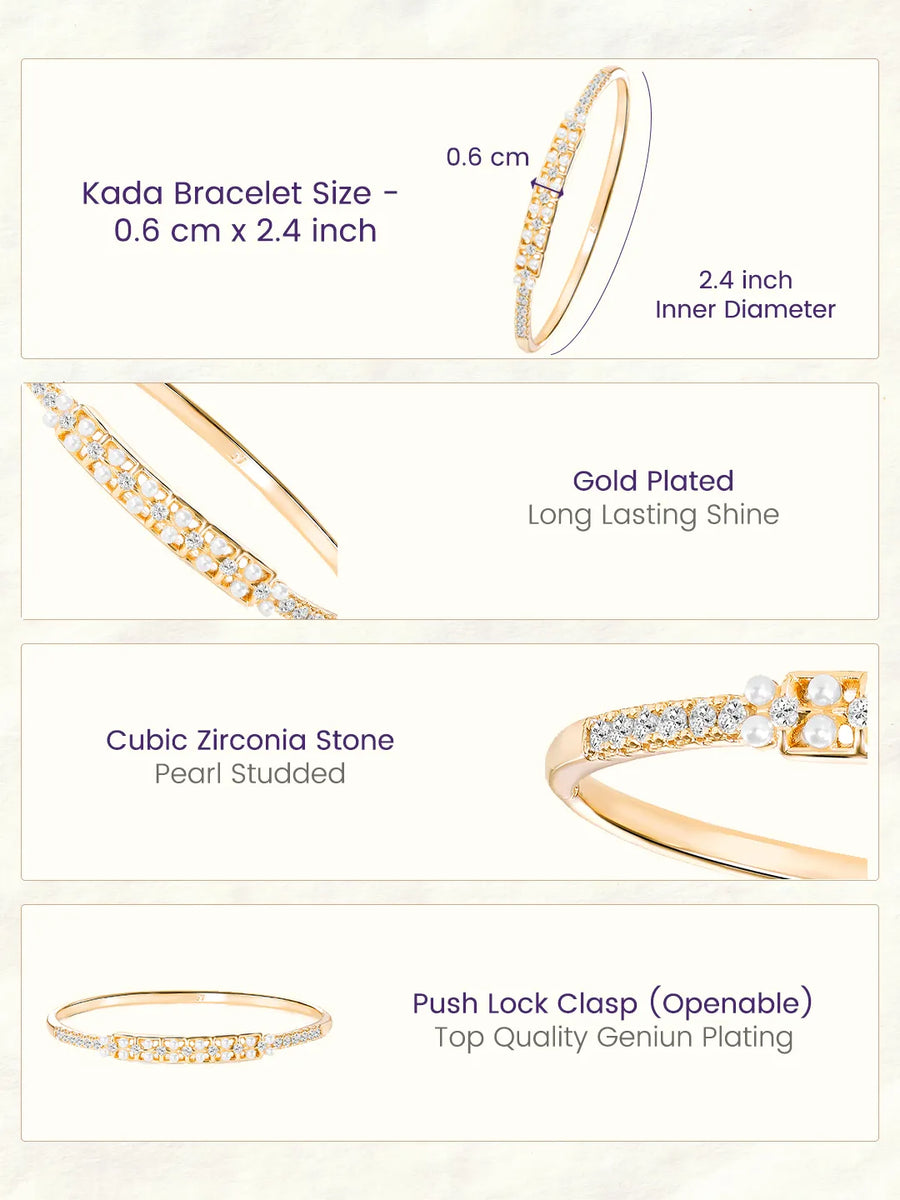 Slim CZ & Pearl Strip Gold Bangle Kada