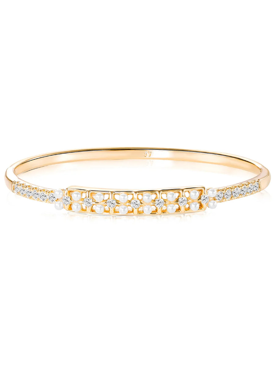 Slim CZ & Pearl Strip Gold Bangle Kada