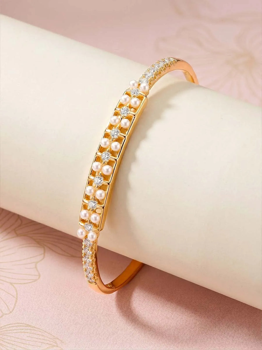 Slim CZ & Pearl Strip Gold Bangle Kada