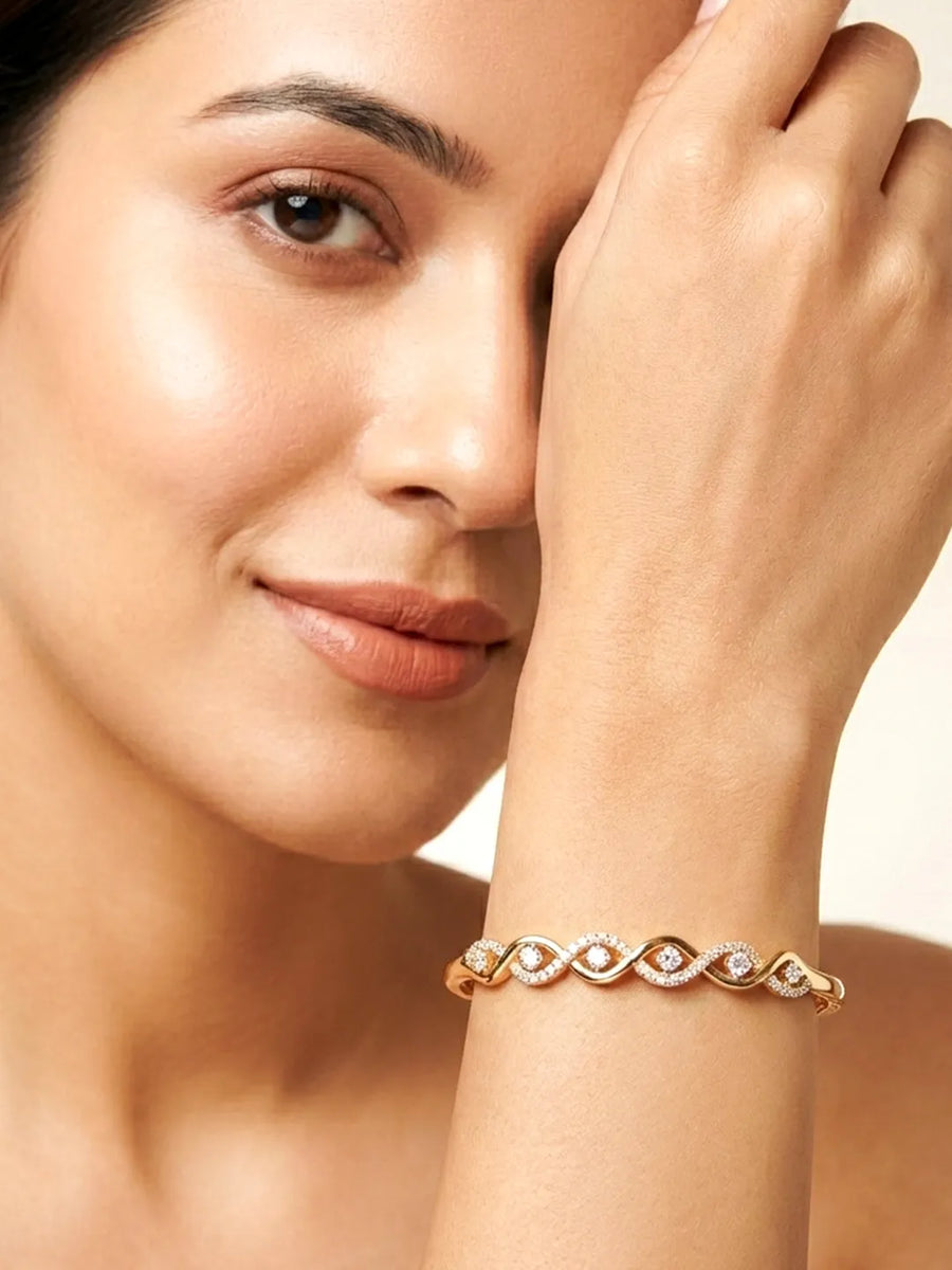 Flowing Wave CZ Link Gold Bangle Kada