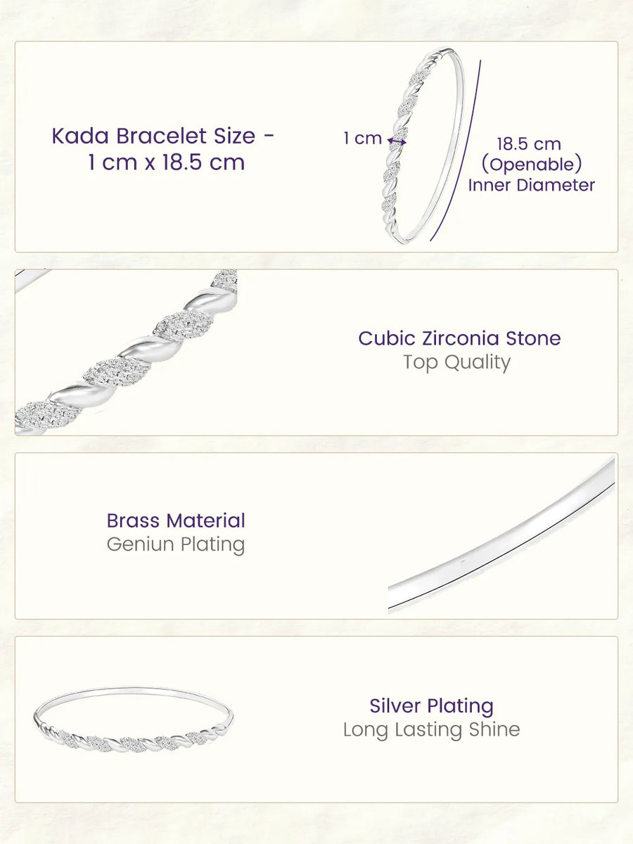 Peora Modern Braided Rope Twist CZ Silver Kada