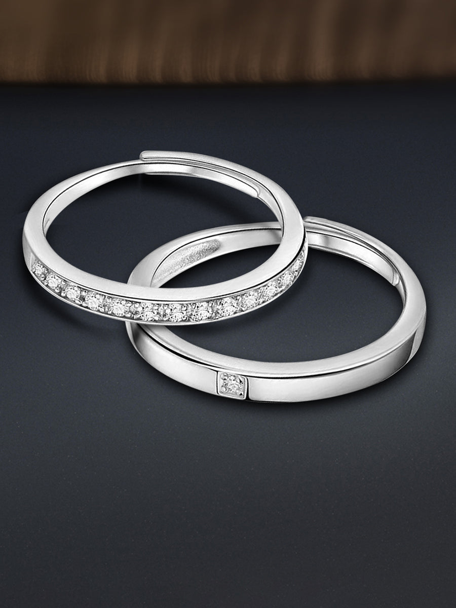 Infinite Spark CZ Couples Ring. Two Adjustable silver rings with embedded diamonds. Best for couples & as gifting.