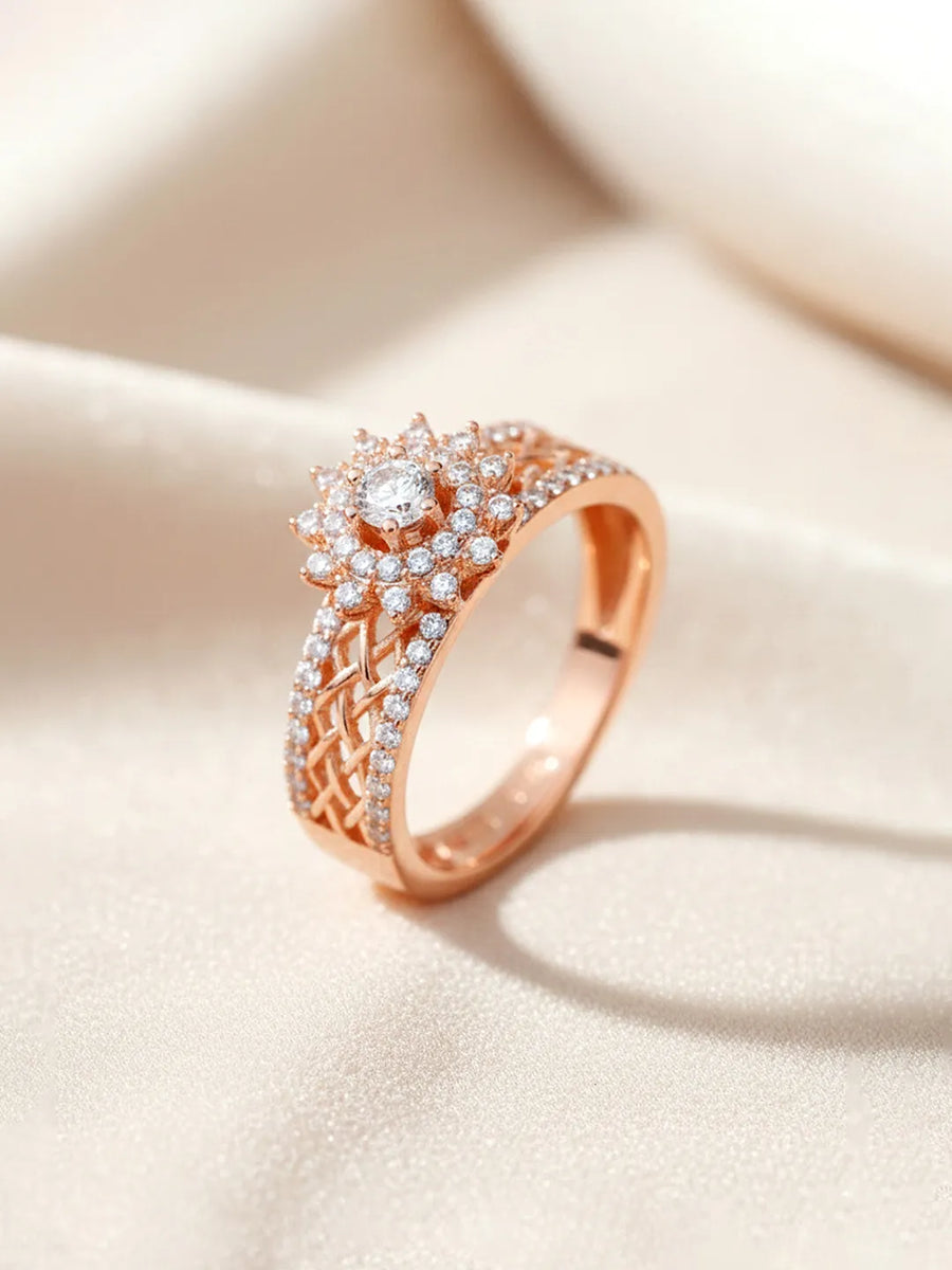 Peora 925 Rose Gold Silver Floral Statement Ring