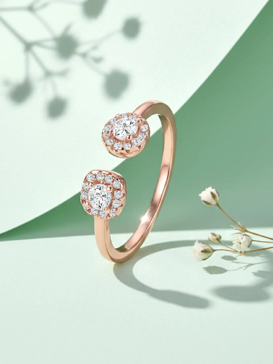 Elegant Rose Gold 925 CZ Twin Halo Ring