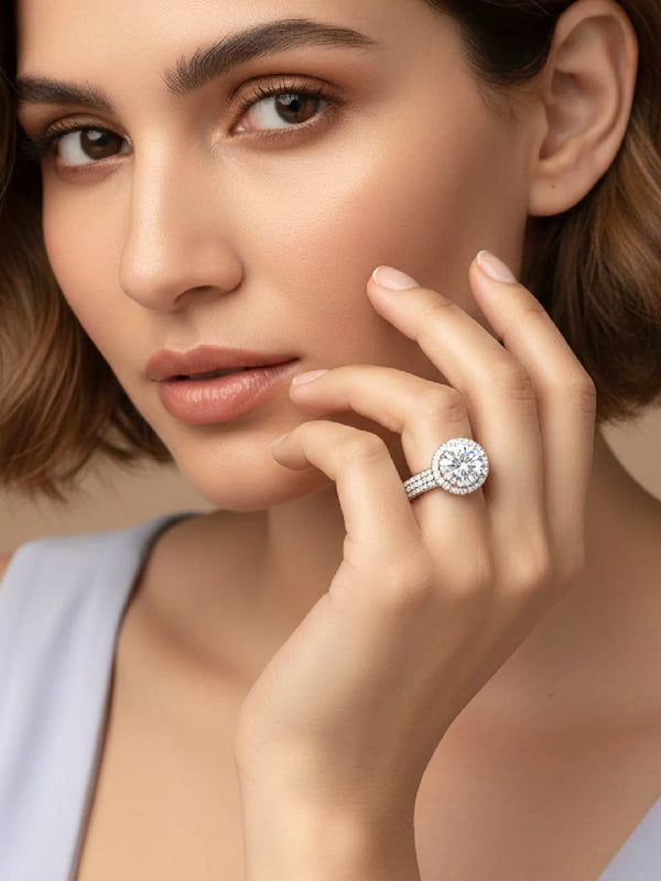 925 Sterling Silver CZ Halo Triple Pave Band Ring