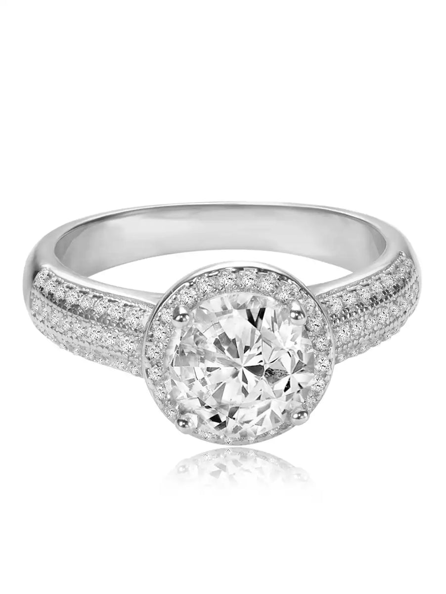 925 Sterling Silver CZ Halo Triple Pave Band Ring