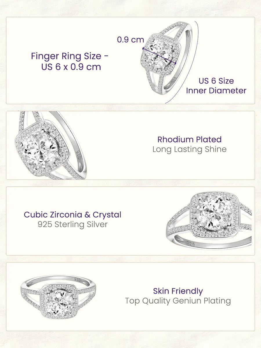 Peora 925 Sterling Silver Cushion Solitaire Ring