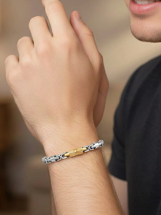Peora Men's Two Tone Gold Barrel Chain Bracelet