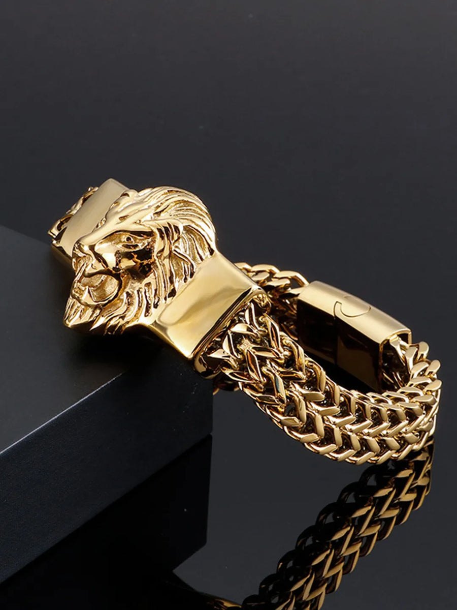 Regal Lion Head Bold Gold Chain Bracelet