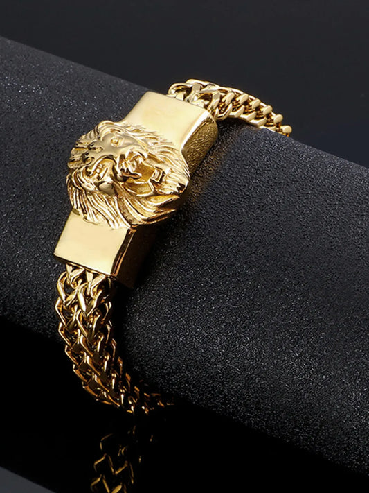 Regal Lion Head Bold Gold Chain Bracelet