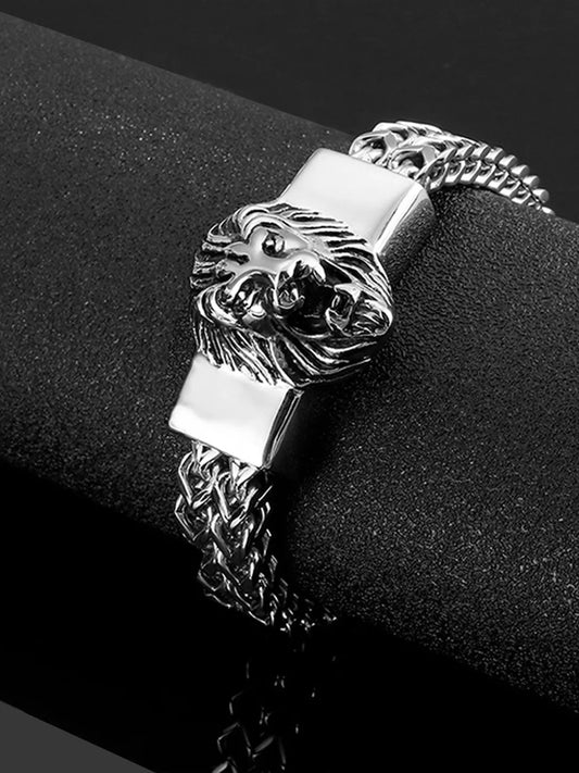 Regal Lion Head Bold Silver Chain Bracelet