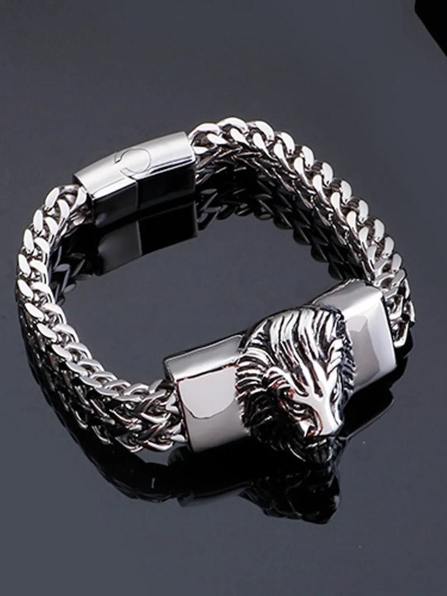 Regal Lion Head Bold Silver Chain Bracelet