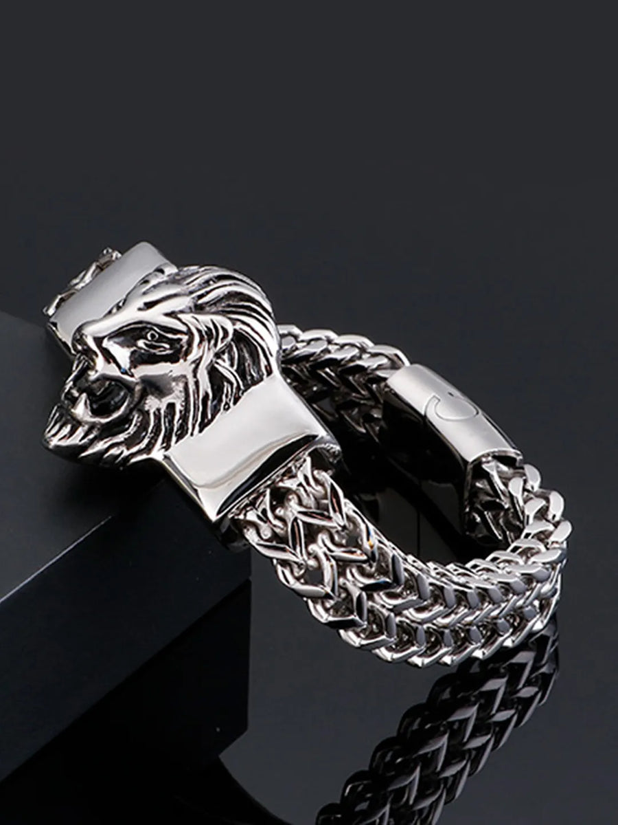 Regal Lion Head Bold Silver Chain Bracelet