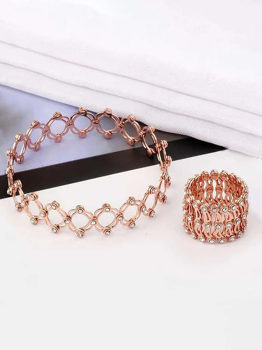 Crystalized CZ Bracelet Cum Ring - Rose Gold
