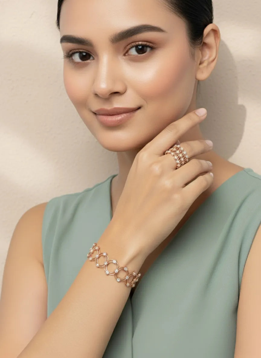 Crystalized CZ Bracelet Cum Ring - Rose Gold