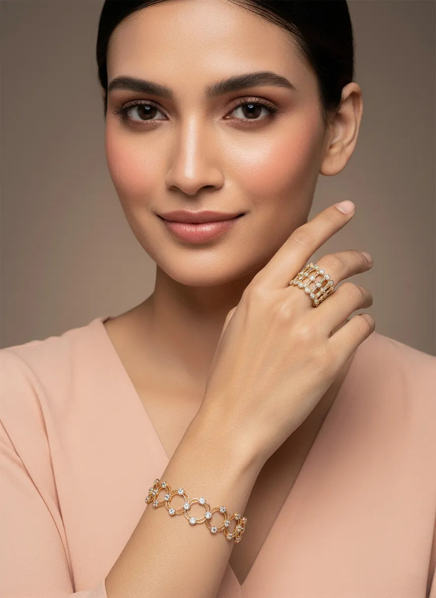 Crystalized CZ Bracelet Cum Ring - Gold